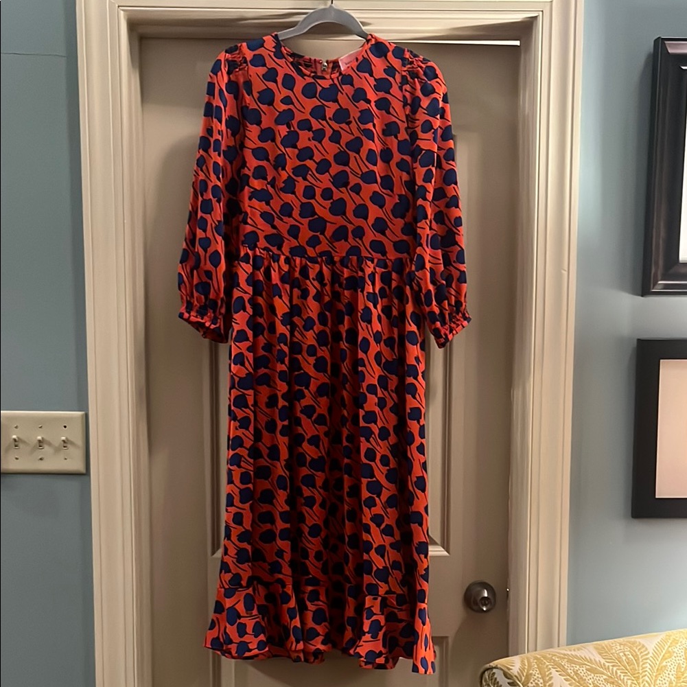 Red Polka Dot Midi Dress With 3/4 Bishop Sleeve
